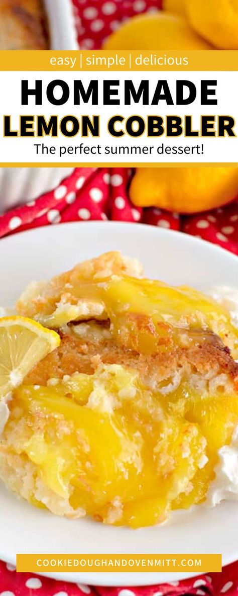 This Homemade Lemon Cobbler Recipe features a delicious cobbler topping with canned lemon pie filling. Baked to golden perfection, it makes a bright dessert that pairs well with ice or whipped cream. Best of all, it's easy to prepare! It's simple, easy, and delicious, making it the perfect summer dessert. Homemade Cobbler, Lemon Cobbler, Lemon Dump Cake Recipe, Lemon Pudding Recipes, Pie Filling Desserts, Lemon Desserts Bars, Easy Lemon Pie, Recipe Using Lemons, Lemon Desserts Easy