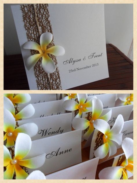 Frangipani wedding invitations and matching frangipani place cards perfect for a beach wedding. Plumeria Wedding, Frangipani Wedding, Flower Wedding Invitations, Pineapple Wedding, Beach Wedding Decorations Reception, Fiji Wedding, Beach Wedding Colors, Beach Wedding Flowers, Wedding Vows Renewal