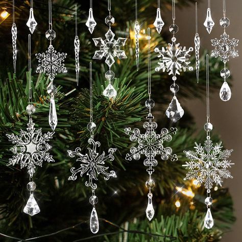 PRICES MAY VARY. Crystal Christmas Ornaments: The 16-piece snowflake Christmas ornaments set includes 8 elegant and beautiful snowflake Christmas ornaments and 8 acrylic icicles decoration, and includes a 33-foot silver string. These assembled decorative hanging ornaments sparkle with crystal and will add a touch of luxury and beauty to your space Good Material: Transparent crystal Christmas ornaments are made of acrylic material, good-quality raw materials have exquisite craftmanship to show go Christmas Tree Ornaments Elegant, Acrylic Snowflake, Christmas Snowflakes Ornaments, New Year's Party Decorations, Crystal Christmas Tree, Icicle Ornaments, Tree Winter, Crystal Christmas, Christmas Hanging Decorations