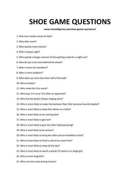 Best Friend Shoe Game Questions, Whos Most Likely To Questions, Wedding Shoe Game Questions, Bridal Shower Shoe Game, Shoe Game Questions, Couples Wedding Shower Games, Newlywed Game Questions, Wedding Shoe Game, Bridal Shower Question Game