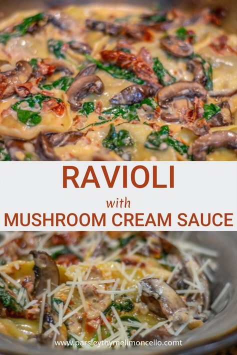 Mushroom Ravioli With Chicken, Sundried Tomato Ravioli, Ravioli With Mushroom Sauce, Mushroom Cream Sauce Pasta, Simple Pastas, Ravioli Recipes, Ravioli Sauce, Pasta Ravioli, Mushroom Cream Sauce