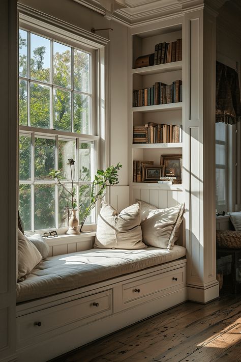 Book Bench Window Seats, Cottage House Interior Living Room, Bump Out Office Addition, Interior Shutters Living Room, House Styles Interior, Traditional Library, Cedar Cove, Library Shelves, Home Library Design