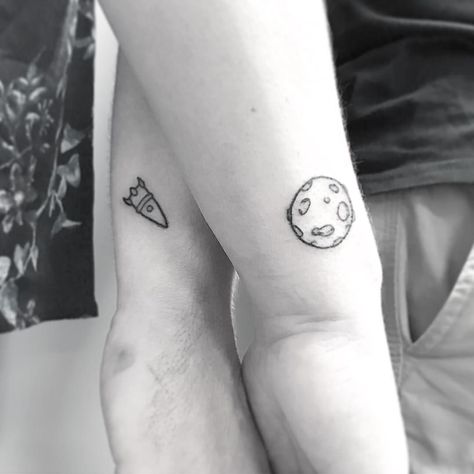 To The Moon And Back Tattoo, Couple Tat, Rocket Tattoo, Related Tattoos, Moon Tattoos, Planet Tattoos, Matching Couple Tattoos, Matching Tattoo, Matching Tattoos