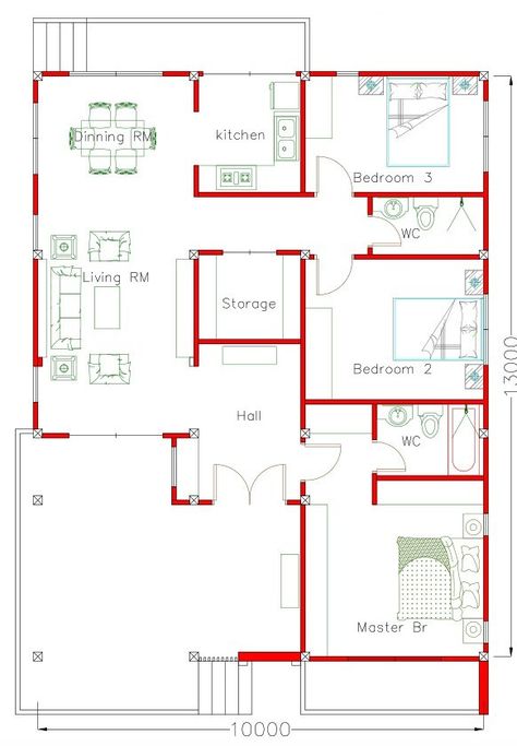 130 Sq. m. 3-Bedroom House Plan - Cool House Concepts 3 Room House Plan, Playroom Paint, Plan 2d, Three Bedroom House Plan, Pelan Rumah, Unique House Plans, Bungalow Floor Plans, Free House Plans, House Plans 3 Bedroom