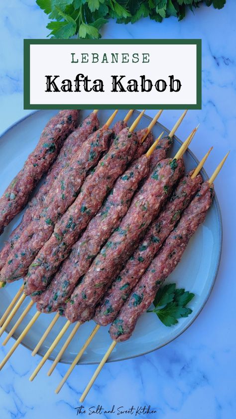 Lebanese kafta kabob Beef Kafta In Oven, Oven Kebab Recipes, Kafta Kebab Recipes, Greek Kebab Recipes, Kafta Skewers, Beef Kabobs In Oven, Chicken Kafta Recipe, Kefta Kabob Recipe, Oven Skewers