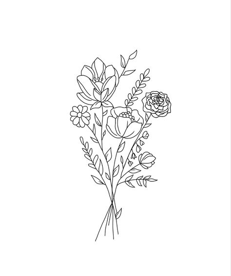 Outline Flowers Tattoo, Line Work Bouquet Tattoo, Drawing Of Flower Bouquet, Flower Boquettes Drawings, Simple Flower Bouquet Tattoo, Flower Line Drawing Tattoo, Flower Bouquet Outline, Flower Bunch Tattoo, Wattle Tattoo