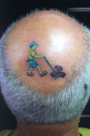 Lawn Mower Tattoo, Bald Tattoo, Bald Head Tattoo, Tato Suku, Geniale Tattoos, Weird Tattoos, Bad Tattoos, 3d Tattoos, Gif Lucu