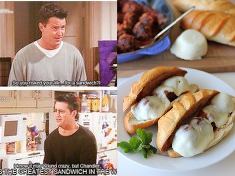 Joey's Special Italian Meatball Sub F.R.I.E.N.D.S. Recipes From Friends Tv Show, Tv Show Recipes, Drink Video, Movies Food, Meatball Sandwiches, Italian Meatball, Meatball Sub, Meatball Sandwich, Friends Fan