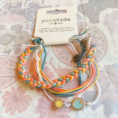 Pura Vida Bracelet Club Selections Were Only Available To Subscribers And Have A Value Of Up To $45! I Have Found In My Time Buying, Selling And Trading Pv Bracelets, This Complete Set Is Tough To Find. In The Original Description It Says This Set Is Made To Give Them Away To Friends. I Guess That's What Everyone Did, Because Finding All The Bracelets (Used Anyway) Has Been Tough! I Was Pretty Stoked To Find One Brand New! These Are Really Cute Though. The Orange Is Very Bright, I'd Say It's Eve Beachy Jewlery, Puravida Bracelets, Jewelry Pura Vida, Surf Wave, Letter Bead Bracelets, Preppy Inspiration, Edgy Jewelry, Pura Vida Bracelets, Beaded Bracelets Tutorial