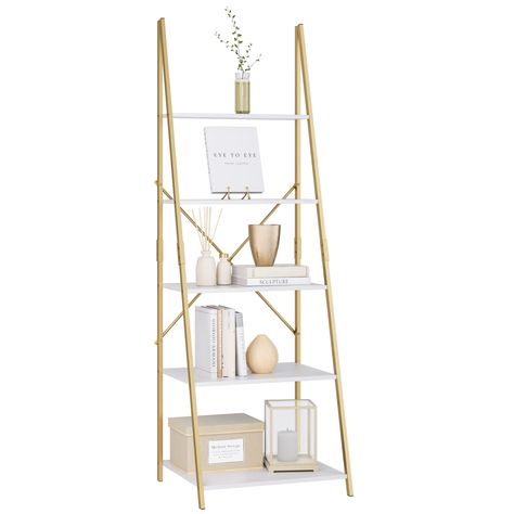 PRICES MAY VARY. Sturdy A-shape Bookcase: Constructed with premium metal frame and selected particle board ensure the stability and sturdiness of this 5-tier ladder shelf. X-shaped brackets will help keep the bookcase from shaking or wobbling. Versatile 5-tier Bookshelf: 5 open shelves provide plenty of space for your home and office to display photo frames, books, various plants and can be put in any space such as kitchen, living room, bedroom, and bathroom or balcony. Unique and Aesthetic Desi Gold Book Shelf, Book Shelf Display, Gold Bookshelf, Cheap Shelves, Home Office White, Gold Room Decor, Plant Rack, Stand Plant, Display Bookcase