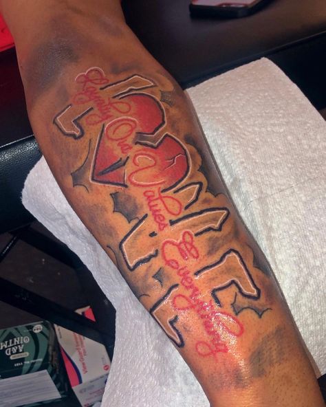 Love Forearm Tattoo Men, Love Tattoo Men, Love Loyalty Out Values Everything Tattoo, Love Out Values Everything Tattoo, Love Tattoos For Men, No Love Tattoo, Otf Tattoo, Calf Sleeve Tattoo, Arm Tattoos Black