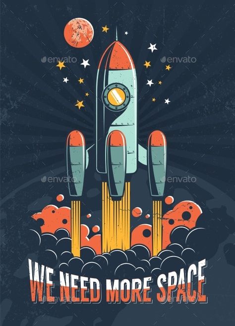 Rocket Start on the Planet Mars - Miscellaneous Vectors Retro Space Posters, Vintage Space Poster, Space Vintage, Rocket Design, Planet Mars, Retro Space, Space Illustration, Spaceship Art, Space Wall Art