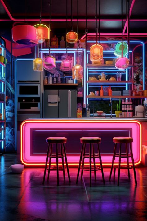 A mini bar Neon Booth Design, Futuristic Bar Design, Cyberpunk Coffee Shop, Neon Kitchen Aesthetic, Cyberpunk Bar Interior Design, Game Bar Design, Neon Bar Aesthetic, Neon Bar Design, Bar Concept Art