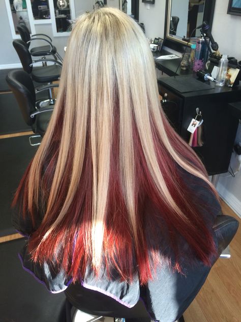 Hair Color Ideas With Peekaboos, White Hair With Color Underneath, Blonde With Red Tips, Bright Red And Blonde Hair Color, Red Streaks In Blonde Hair, Blonde Hair With Red Streaks, Blond And Red Hair, Green Eyes And Red Hair, Blonde And Red Hair