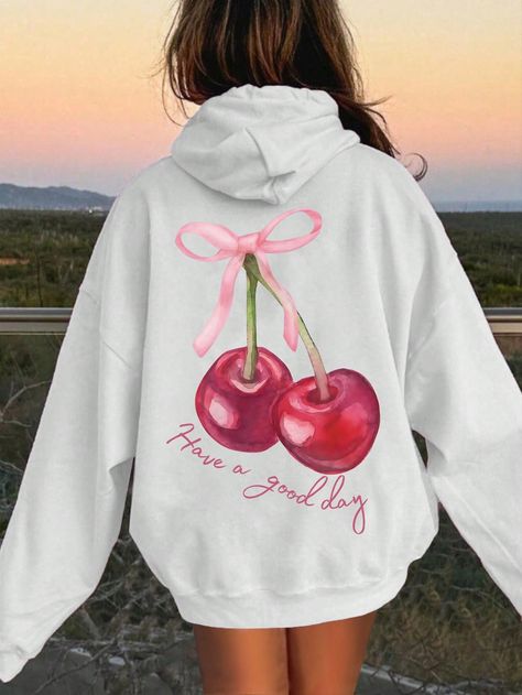 Coquette Cherry Hoodie - Have A Nice Day, Hoodie With Text At Back, Coquette Bow Hoodie, Fashionable Ribbon Hoodie, Cute Coquette Pullover Hoodie White Casual  Long Sleeve Fabric Letter,Fruit&Vegetable Pullovers Slight Stretch  Women Clothing, size features are:Bust: ,Length: ,Sleeve Length: Shein Hoodies, Cherry Sweatshirt, Coquette Hoodie, Nice Hoodies, Cherry Hoodie, Bow Hoodie, Coquette Cherry, Cherry Blossom Print, Cute Hoodie