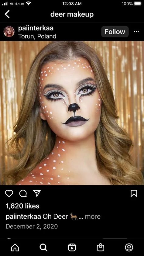 45+ Horrifying Halloween Makeup Ideas for Women - HubPages Fawn Makeup Deer, Deer Costume Diy, Deer Costume Makeup, Halloween Makeup Ideas For Women, Reindeer Makeup, Fawn Costume, Girl Halloween Makeup, Fair Costume, Cat Halloween Makeup