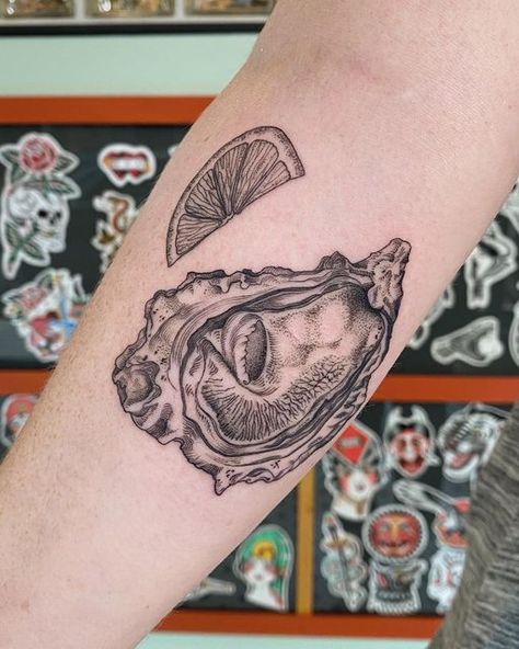 Oysters Tattoo, Oyster Tattoos, Oyster Shell Tattoo, Oyster Tattoo, Coral Tattoo, Culinary Tattoos, Shell Tattoo, Shell Tattoos, Knife Tattoo