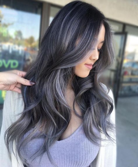 Dark Brown Hair With Silver Balayage Brunette White Highlights, Brown Hair With Silver Highlights, Long Grey Hair, Brunettes Balayage, Grey Hairstyle, Grey Brown Hair, Grey Blending, Gray Balayage, Rambut Brunette