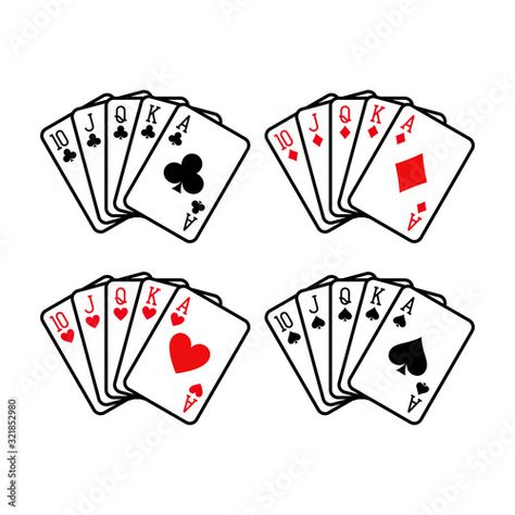 Stock Image: Royal flush hand of clubs, diamonds, hearts and spades playing cards deck colorful illustration. Poker cards, jack, queen, king and ace vector. Playing Card Tattoos, Queen Of Hearts Tattoo, Gacha Inspiration, Formal Cooler Ideas, Queen Of Hearts Card, Ace Tattoo, Cards Playing, Card Tattoo Designs, Hearts Playing Cards