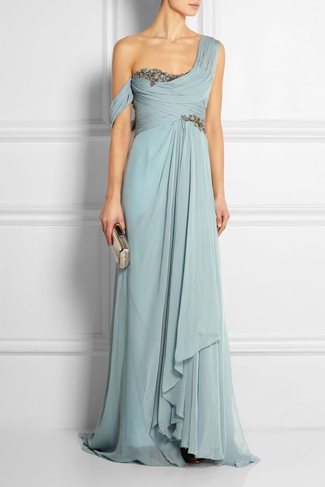 MARCHESA One-shoulder embellished silk-georgette gown Greek Style Dress, Grecian Wedding Dress, Pastel Gown, Marchesa Gowns, Georgette Gown, Haute Couture Details, Classy Gowns, Tamara Mellon, Georgette Dress