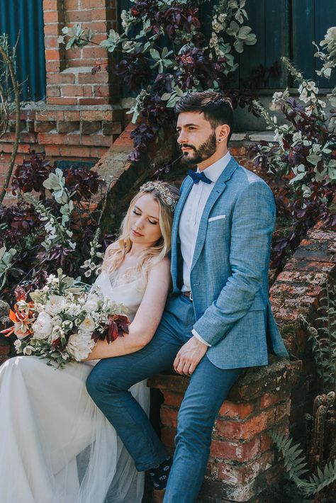 Blue Linen Wedding Suit, Groom Attire Blue, Bohemian Wedding Groom, Linen Wedding Suit, Blue Linen Suit, Bow Tie Groom, Beach Wedding Suits, Ethereal Bride, Linen Wedding Dress