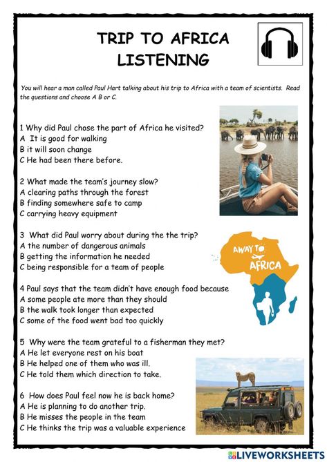 Travelling online worksheet for B1. You can do the exercises online or download the worksheet as pdf. Listening Worksheet, English Pictures, Listening English, English For Students, Trip To Africa, English Listening, Travel English, Listening Test, English Teaching Materials