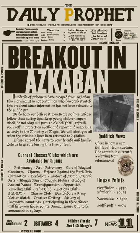 Breakout in Azkaban Hogwarts Brief, Harry Potter Newspaper, Kid Garden, Natural Playgrounds, Classe Harry Potter, Imprimibles Harry Potter, Daily Prophet, Harry Potter Classroom, Harry Potter Printables