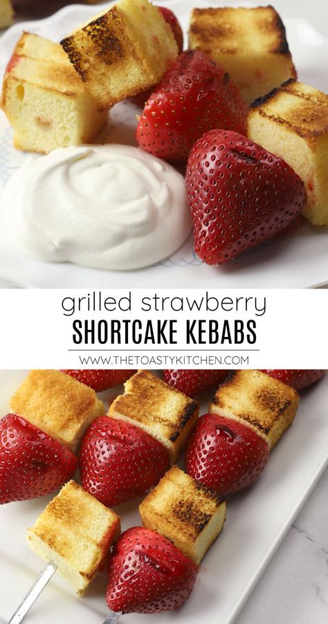 Grilled strawberry shortcake kebabs recipe by The Toasty Kitchen. Grilled strawberry shortcake kebabs are a fun dessert recipe to make this summer. Fresh strawberries and pound cake are skewered and lightly grilled until warm and toasted. Served with a simple homemade vanilla whipped cream. #summerdesserts #grilledstrawberryshortcake #shortcakekebabs #shortcake #strawberryshortcake #grillingrecipe #grilleddessert #recipe #summer Grilled Strawberry Shortcake, Strawberry Shortcake Skewers, Grilled Strawberries, Summer Fruit Recipes, Grilled Desserts, Fun Dessert, Grilled Fruit, Vanilla Whipped Cream, Kebab Recipes