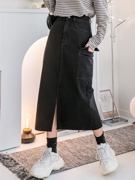 Black Long Jeans Skirt Outfit, Black Jean Skirt Outfit Summer, Black Denim Long Skirt Outfit, Slim Skirt Outfit, Long Skirt Jeans Outfit, Black Jeans Skirt Outfit, Long Black Denim Skirt Outfit, Long Jeans Skirt Outfit, Long Black Denim Skirt