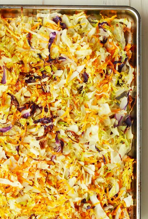 Roasted Winter Slaw | Shredded cabbage and sweet potatoes are roasted to savory side dish perfection in 20 minutes! Vegan, gluten-free, plant-based | https://passtheplants.com Shredded Cabbage Recipes, Good Side Dishes, Roasted Cabbage Recipes, Winter Slaw, Roasted Cabbage Wedges, Roasted Cabbage Steaks, Cabbage Side Dish, Winter Side Dishes, Cabbage And Potatoes