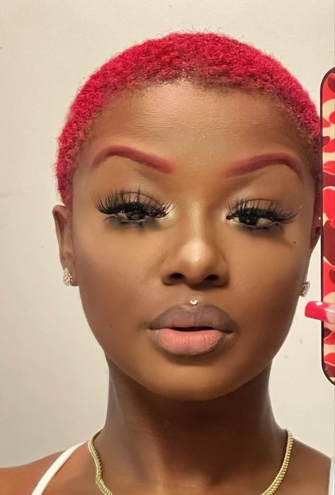 Red Haircut Black Women, Dyed Hair And Eyebrows, Red Eyebrows Black Women, Red Buzzcut Women, Red Dyed Hair Black Women, Red Twa Natural Hair, Red Twa, Short Bleached Hair, Diy Hair Wig