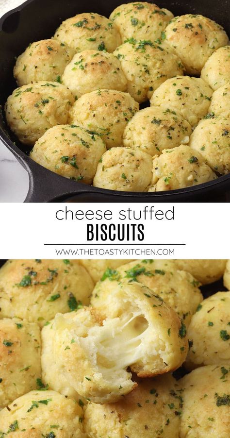 Cheese stuffed biscuits recipe by The Toasty Kitchen. These homemade cheese stuffed biscuits are the ultimate side dish for your next meal. Buttery biscuits are filled with gooey mozzarella cheese and coated in garlic butter sauce. #cheesestuffedbiscuits #biscuits #garlicbiscuits #homemadebiscuits #sidedish #recipe Cheese Filled Biscuits, Buiscits Recipes Cheese, Biscuits With Cheese Inside, Cheese Stuffed Biscuits, Recipes With Biscuits, Cast Iron Bread Recipes, Dinner Biscuit, Stuffed Biscuits, Traditional Bread Recipe