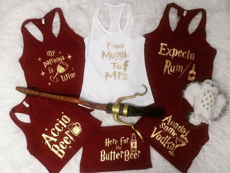 Harry Potter Bachelorette Party Ideas, Harry Potter Bachelorette Party, Harry Potter Bachelorette, Bachelorette Bags, Harry Potter Bridal Shower, Bachelorette Tanks, Bachelorette Party Tanks, Harry Potter Wedding Theme, Bachelorette Tshirts