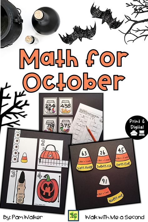 Enhance math lessons, rotations, centers, and Enhance math lessons, rotations, cenrers and workstations with seasonal tasks. This resource offers 5 math tasks on various skills and 7 worksheets for follow-up or practice. You'll get place value, measuring, fact work, and 2- and 3-digit addition and subtraction, plus games. It's available in printable or digital format in colored or black ink. It's not scary to make math fun, so shop for your resource now! Fun Math Lessons For 2nd Grade, 2nd Grade Halloween, October Math Activities, October Math Centers, October Math, Fall Math Activities, Make Math Fun, Halloween Lesson, Second Grade Resources