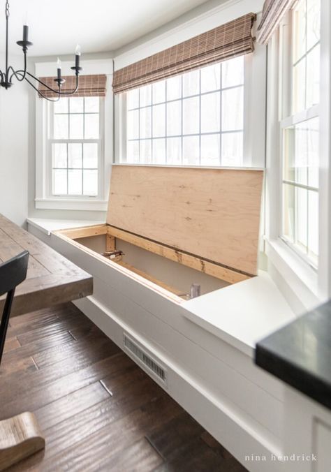 Learn how to recreate the built-in bay window bench that helped to add extra seating to our breakfast nook plus hidden storage for small appliances. Storage For Small Appliances, Bay Window Bench, Bay Window Benches, Seating In Kitchen, Eating Nook, Window Storage, Bay Window Living Room, Window Bench Seat, Kitchen Bay Window