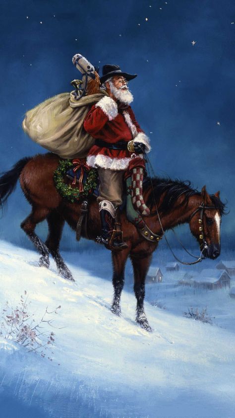 Cowboy Christmas Wallpaper, Cowgirl Photoshoot, Christmas Cowboy, Christian Christmas Cards, Western Artwork, Merry Christmas Wallpaper, Santa Art, Christmas Wallpaper Backgrounds, Christmas Wallpapers