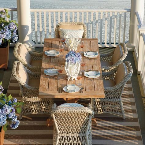 Hampton Wash Teak 7-pc. Dining Set in Ivory Finish Outdoor Decor Diy, Hamptons Dining, Summer Outdoor Decor, Teak Patio Furniture, Wicker Dining Set, Teak Dining Table, Teak Table, Outdoor Furniture Collections, Dining Chair Cushions