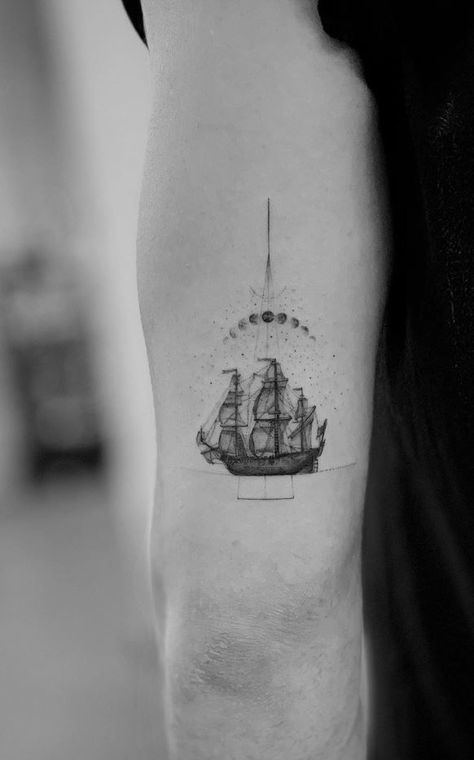 Pirate Ship Tattoo, Boat Tattoo, Unique Tattoos For Men, Pirate Tattoo, Ship Tattoo, Unique Tattoo Designs, Custom Tattoo Design, Grey Tattoo, Custom Tattoo