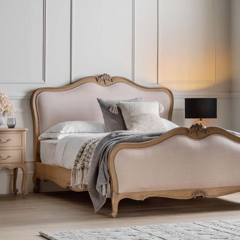 Weathered Solid Wood French Chic King Linen Upholstered Bed 😍 #frenchbed #frenchcountry #weathered #woodenbed #frenchbedroom French Furniture Design, Linen Upholstered Bed, Bed Weather, French Headboard, Gorgeous Bed, French Bed, King Size Bed Frame, Wooden Bed Frames, Beautiful Bedroom