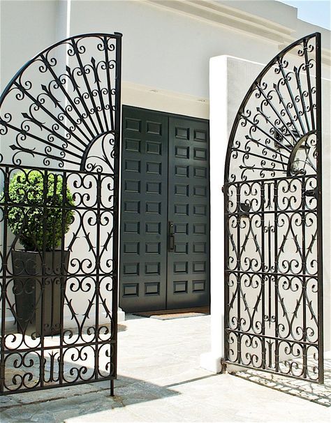 Wrought Iron Garden Gates, Malibu Homes, Iron Garden Gates, Interior Design Portfolios, Wrought Iron Gate, Wrought Iron Gates, Green Door, Entry Gates, Iron Gates