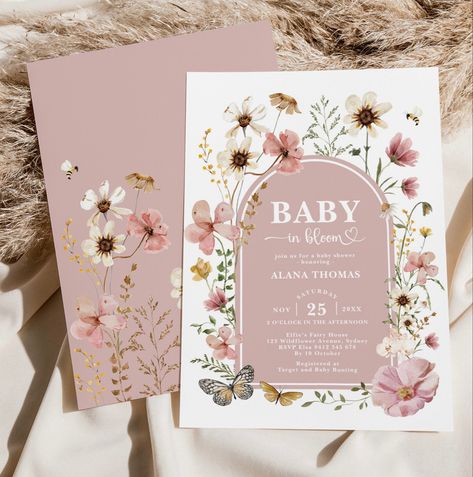 Floral Pink Baby Shower, Spring Baby Shower Ideas Girl, Vintage Floral Baby Shower Ideas, Mauve Baby Shower Ideas, April Baby Shower Themes, Flowers Baby Shower Theme, Wildflower Baby Shower Ideas, Wild Flower Baby Shower Ideas, Floral Baby Shower Ideas