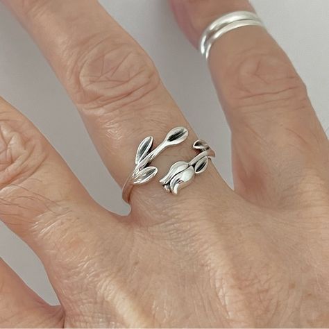 Ring With Leaves, Tulip Ring, Rose Rings, Silver Flower Ring, Classic Wedding Rings, Ring Flower, Floral Ring, Tulip Flower, Rose Ring