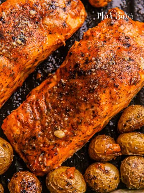 Sheet-Pan Roasted Salmon and Vegetable - Much Butter Roasted Salmon Oven, Parmesan Garlic Sauce, Roast Salmon, Oven Salmon, Roasted Baby Potatoes, Oven Vegetables, Seafood Recipe, Dill Sauce, Creamy Parmesan