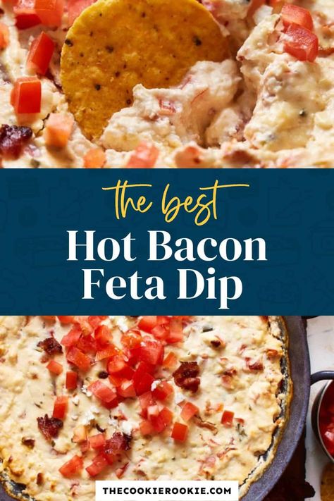 Hot Bacon Feta Dip is a favorite appetizer for game day! Easy, quick, and delicious. I have always loved feta and this is my favorite way to eat it! Bacon Dip Recipes, Feta Cheese Dip, Dip Recipes Appetizers, Delicious Dips Recipes, Bacon Dip, Cheese Dip Recipes, The Cookie Rookie, Cookie Rookie, Chicken Appetizers