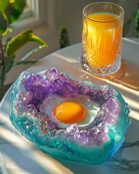 𝙱𝚛𝚎𝚊𝚔𝚏𝚊𝚜𝚝 𝚒𝚜 𝚜𝚎𝚛𝚟𝚎𝚍 🍳🍊💎 #Eggs #Geode #Crystals #Breakfast #Iridescent #IridescentAIArt #IridescentArt #SaturdayMood #SaturdayVibes #Weekend #OrangeJuice Galaxy Food Art, Egg Geodes, Rainbow Geode, Iridescent Sea Creatures, Geode Crystals, Crystal Egg, Fancy Food, Event Food, Pretty Food