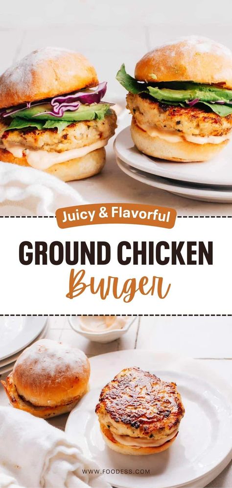 Chicken Burger Recipe Air Fryer, How To Make A Chicken Burger, Chicken Burgers In Oven, Baked Chicken Burgers Oven, Juicy Chicken Burger Recipe, Juicy Chicken Burgers, Ground Chicken Hamburger Recipes, Ground Chicken Burgers Air Fryer, Ground Chicken Sliders Recipes