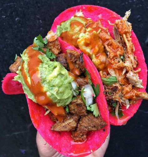 Pink Tortilla, Chicken & Steak Tacos Tacos Menu, Pink Taco, Colorful Food, Pink Food, Vegetarian Tacos, Taco Recipe, Appetizers Easy Finger Food, Chicken Steak, Pink Foods