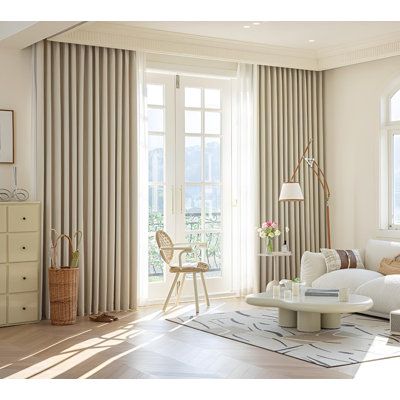 Featuring high-end couture craftsmanship, these curtains are designed with the same colour on both sides and exquisite edge detailing. | ACHERNAR LLC Chenille Room Darkening Curtain Pair White 106.3 x 78.74 in | Home Decor | AHDR1583_98200866 | Wayfair Canada Curtain Living Room Modern, Modern Curtains For Living Room, Curtains For Sliding Doors Living Room, Ceiling Curtains Living Room, White Bedroom Curtain Ideas, High Window Curtains, Elegant Curtains Living Room Luxury, Cream Curtains Living Room, Curtains For Drawing Room