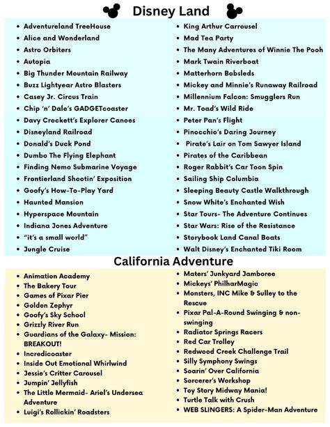 Download this Disneyland Ride and Attraction List Now! - Simply Exhausted California Adventure Rides List, Disneyland Ride Checklist, Disneyland Rides List, Disneyland California Rides, Disneyland Vacation Planning, Disneyland Attractions, Disneyland Rides, Dumbo The Flying Elephant, Disney World Rides