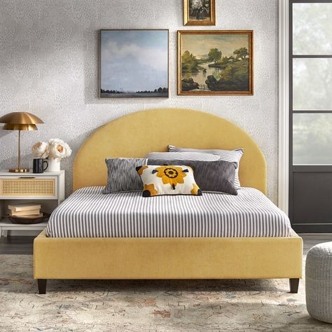 Rounded Headboard, Upholstered Queen Bed, Low Profile Platform Bed, Queen Upholstered Bed, Yellow Bedding, Curved Headboard, Queen Platform Bed, Inspire Me Home Decor, Headboard Designs